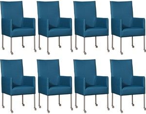 Set van 8 Blauwe leren moderne eetkamerstoelen Spark - poot rond rvs met wiel - Toledo Leer Turquoise (blauw leer)