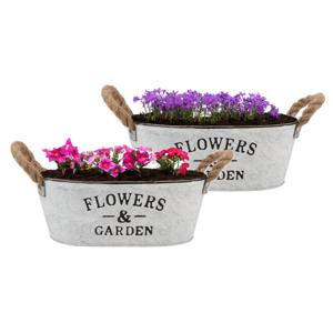 Plantenpot/bloempot teil Jardin - 2x - ovaal - zink - wit - L26 x D17 x H11 cm