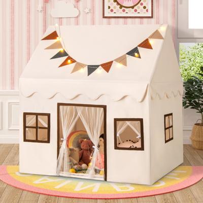 Speeltent voor Kinderen Speelhuis met Gewatteerde Antislipmat Vlaggen Lichtsnoeren Gaasgordijnen Ramen Beige