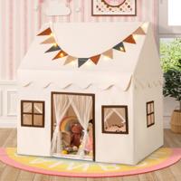 Speeltent voor Kinderen Speelhuis met Gewatteerde Antislipmat Vlaggen Lichtsnoeren Gaasgordijnen Ramen Beige