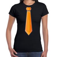 Verkleed t-shirt voor dames - stropdas oranje - zwart - carnaval - foute party - verkleedshirt - thumbnail