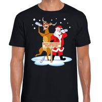 Foute Kerst t-shirt dronken kerstman en Rudolf zwart heren - thumbnail