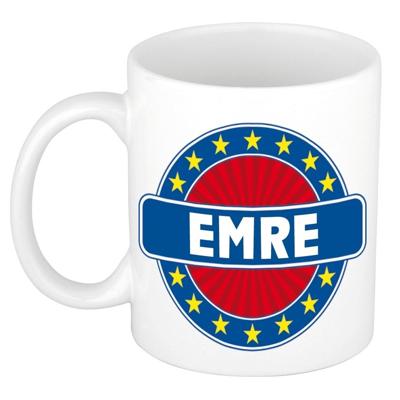 Emre voornaam koffiemok - beker - wit/blauw - 300 ml - Cadeau - Heren - Collega - Vaderdag Emre voornaam koffiemok - beker - wit/blauw - 300 ml - Cadeau - Heren - Collega - Vaderdag
