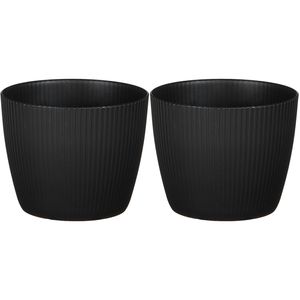 2x stuks plantenpot/bloempot kunststof zwart ribbels patroon - D13,5/H11 cm