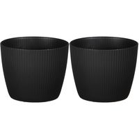 2x stuks plantenpot/bloempot kunststof zwart ribbels patroon - D13,5/H11 cm