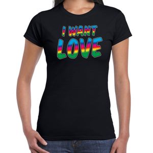 Gay Pride t-shirt met tekst - dames - zwart - I want love - LHBTI