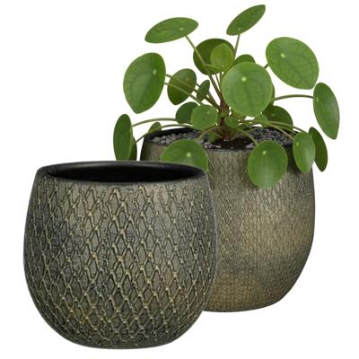 Mica decorations Bloempot / plantenpot Madeira - 2x - groen - terracotta - 16 cm - schubbenpatroon