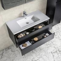 Badkamermeubel Tieme in mat zwart 100x50x48cm met witte wastafel