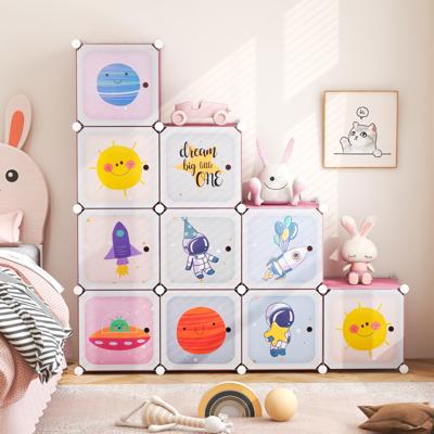 Kinderkast met 2 Hangsecties & 12 Vakken Schattige Cartoon Commode Roze