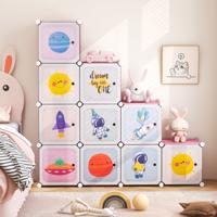 Kinderkast met 2 Hangsecties & 12 Vakken Schattige Cartoon Commode Roze