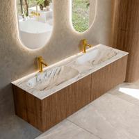 Badmeubel Mondiaz Kurve-Dlux | 150 cm | Meubelkleur Walnut | Wastafelkleur Glace | Solid surface | Dubbele spoelbak | 2 kraangaten Badmeubel Mondiaz Kurve-Dlux | 150 cm | Meubelkleur Walnut | Wastafelkleur Glace | Solid surface | Dubbele spoelbak | 2 kraangaten