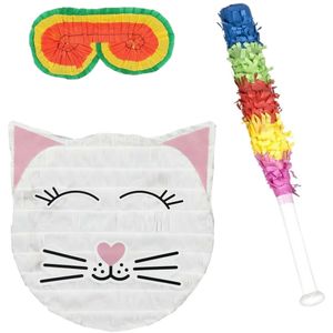 Verjaardag Pinata Kat/poes van 33 x 34 cm - set met stok en masker