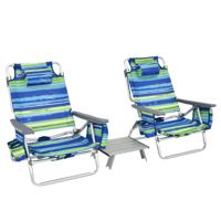 Set van 1 Tafel en 2 Strandstoelen Ligstoelen voor Buiten met Oprolbare Campingtafel 5-Standen Klapstoelen en Aluminium Tafel Blauw + Groen