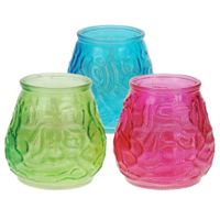 Windlicht geurkaars - 3x - roze/blauw/groen glas - 48 branduren - citrusgeur