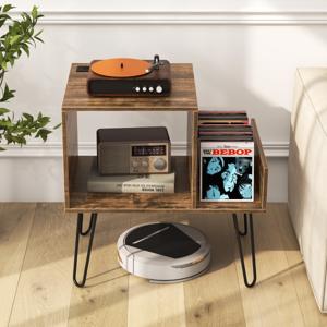 Platenspelerstandaard met Stopcontact Display Plank Bijzettafel Metalen Poten tot 145 Albums voor Woonkamer Kantoor