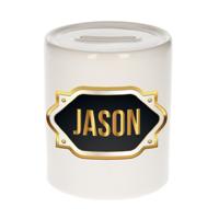 Spaarpot met voornaam Jason - wit - goud/zwart embleem - 8 x 9 cm - keramiek - afsluitdop