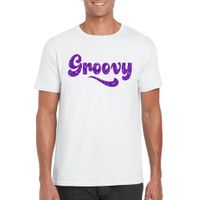 Wit Flower Power t-shirt Groovy met paarse letters heren