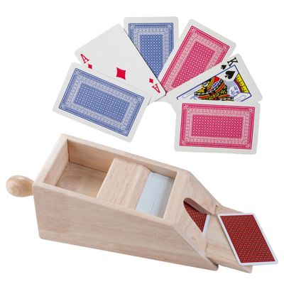 Houten Blackjack kaartgever/slof met handvat 28 x 11,5 x 9,5 cm inclusief 4x sets speelkaarten