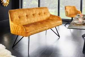 Design bank EUPHORIA 160cm mosterdgeel fluweel retrostijl decoratief quilten haarspeldpoten metalen poten armleuningen - 43128