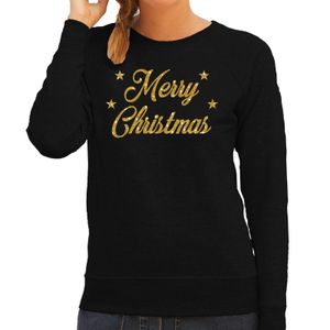 Kersttrui Merry Christmas gouden glitter letters zwart dames