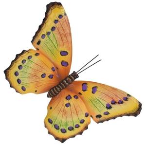 Tuindecoratie vlinder - geel/paars - metaal - 35 x 24 cm - Tuin/schutting/schuur