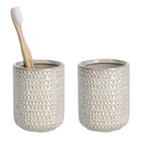 Tandenborstelhouder/badkamer beker - 2x - keramiek - beige - D8 x H10 cm - structure