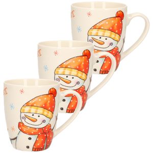 3x stuks kerstmok/wintermok sneeuwpop met oranje muts en sjaal van poreselein 10 cm