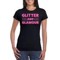 Bellatio Decorations Verkleed T-shirt dames - glitter and glamour - zwart - roze glitter - carnaval 2XL  -