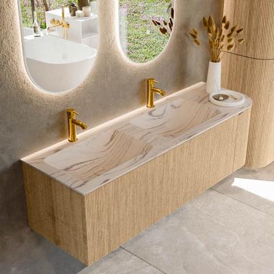 Badmeubel Mondiaz Kurve-Dlux | 145 cm | Meubelkleur Oak | Wastafelkleur Nata | Solid surface | Dubbel / Links spoelbak | 2 kraangaten