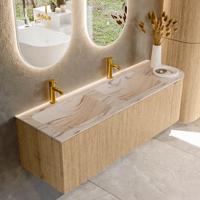 Badmeubel Mondiaz Kurve-Dlux | 145 cm | Meubelkleur Oak | Wastafelkleur Nata | Solid surface | Dubbel / Links spoelbak | 2 kraangaten