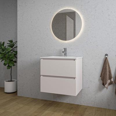 Saniclass Chaci Badkamermeubelset - 60x46x55cm - keramische wastafel wit - 1 wasbak - 1 kraangat - 2 lades - ronde spiegel met verlichting - mat cotton (beige) SW1212761/SW804530/SW108325