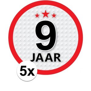 5x 9 Jaar leeftijd stickers rond verjaardag versiering   -