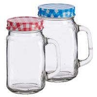 Set van 2x stuks glazen Mason Jar drinkbekers/drinkpotjes met gekleurde dop 430 ml - thumbnail