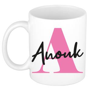 Naam mok Anouk - roze - wit - keramiek - 300 ml - verjaardag/cadeau beker