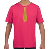 Verkleedkleding t-shirt - roze - met kleine Stropdas - goud glitters - kinderen - carnaval