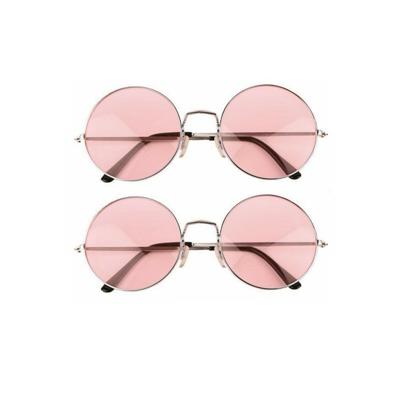 Party zonnebril - 2x - Hippie Flower Power Sixties - grote XL ronde glazen - roze Party zonnebril - 2x - Hippie Flower Power Sixties - grote XL ronde glazen - roze