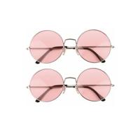 Party zonnebril - 2x - Hippie Flower Power Sixties - grote XL ronde glazen - roze