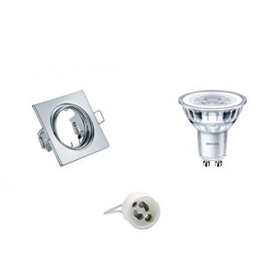 LED Spot Set - GU10 Fitting - Inbouw Vierkant - Glans Chroom - Kantelbaar 80mm - Philips - CorePro 830 36D - 4.6W - Warm Wit 3000K