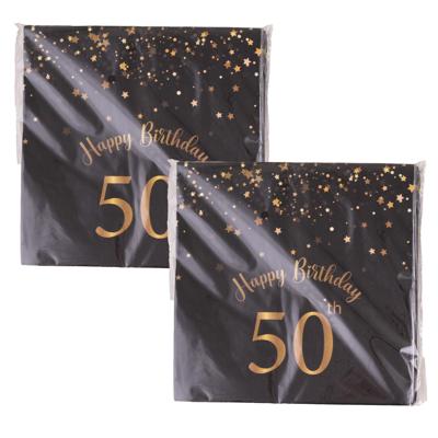 Verjaardag feest servetten - leeftijd 50 jaar - 40x stuks - zwart/goud - 33 x 33 cm