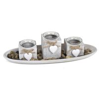 Kaarsen plateau/bord met 3 kaarsenhouders en deco stenen voor theelichtjes - thumbnail