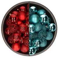 74x stuks kunststof kerstballen mix van rood en turquoise blauw 6 cm - Kerstbal