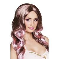Tweekleurige damespruik met krullen - bruin / roze - verkleed pruiken - balayage