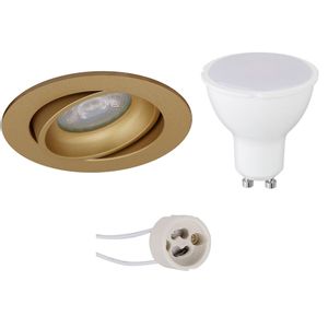 LED Spot Set - Pragmi Delton Pro - GU10 Fitting - Inbouw Rond - Mat Goud - 4W - Helder/Koud Wit 6400K - Kantelbaar - Ø82mm