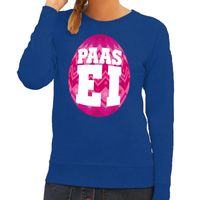Paas sweater blauw met roze ei voor dames - thumbnail
