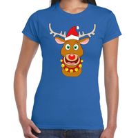 Foute Kerst t-shirt kerstman en rendier Rudolf blauw dames - thumbnail