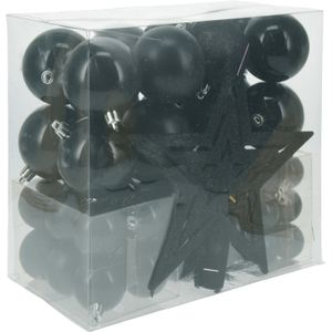 Kerstballen set 3,4,6 cm - met ster piek - 54-dlg - kunststof - zwart