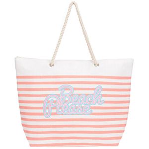 Strandtas met handvat wit/roze gestreept met Beach Please print polyester 38 x 39 cm - Strandtassen