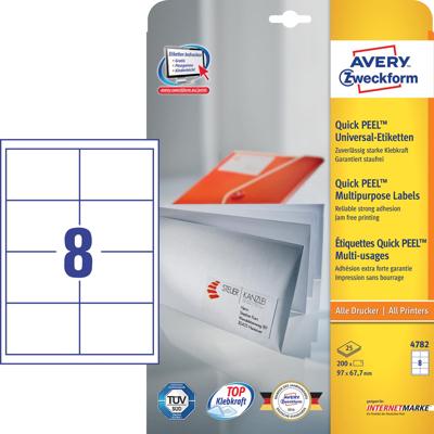 Avery Zweckform 4782, Universele etiketten, Ultragrip, wit, 25+5 vel, 8 per vel, 97 x 67,7 mm