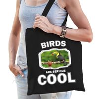 Katoenen tasje birds are serious cool zwart - toekans/ toekan cadeau tas - Feest Boodschappentassen - thumbnail
