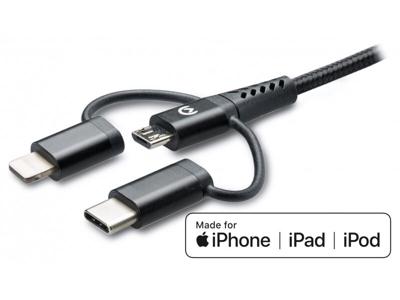 Mobilize Mobilize Strong Nylon Cable 3in1 USB to Micro USB, USB-C, Apple MFi Lightning 1.5m Black